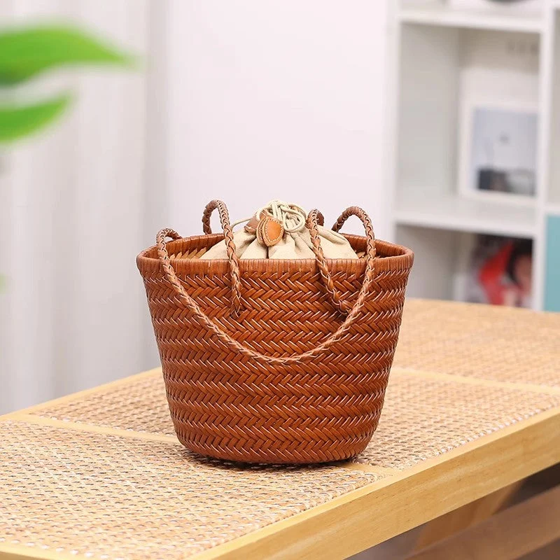 Women's vintage handbags-Boho Womens Leather Woven Bucket Shoulder Bag With Drawstring Inner Pouch Brown Shoulder Bag