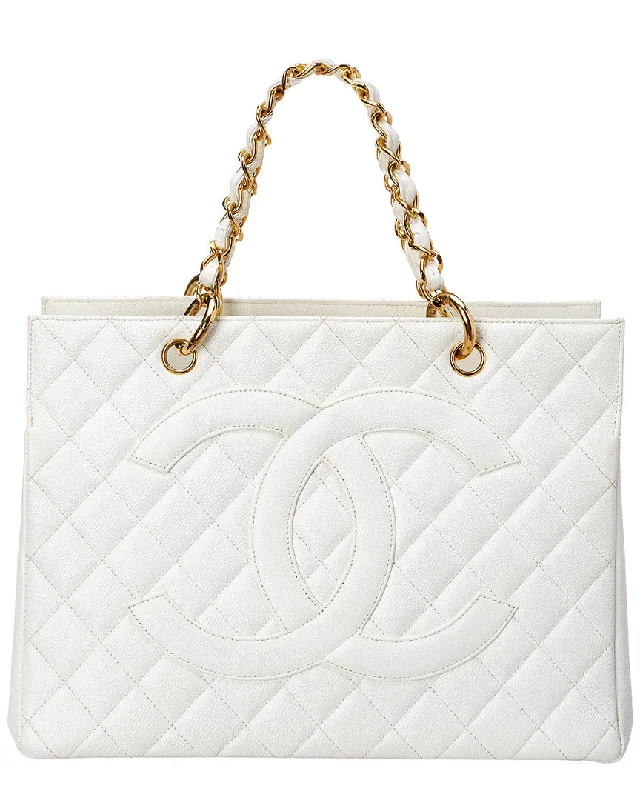 Women's oversized handbags-Chanel White Caviar Leather Grand Shopping Tote