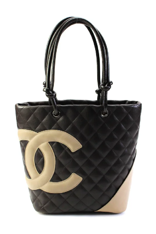 Female trendy satchels-Chanel Womens Asymmetrical CC Quilted Leather Top Handle Cambon Tote Handbag Brown