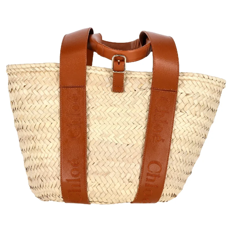 Women's leather sling bags-Chloé Medium Sense Basket Bag in Brown Raffia