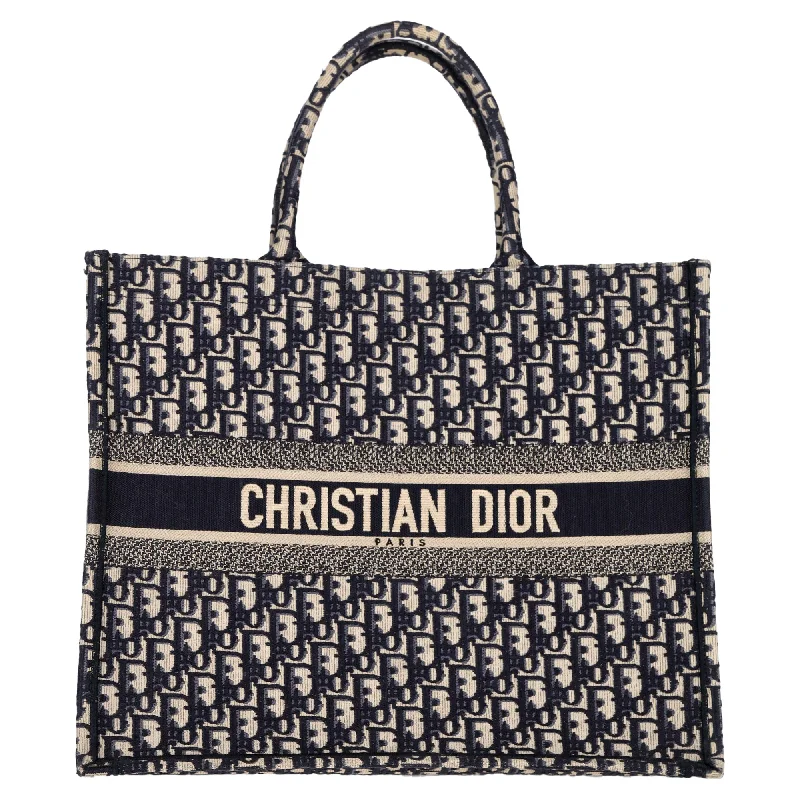 Women's straw shoulder bags-Christian Dior Large Oblique Book Totebag in Navy Blue Canvas