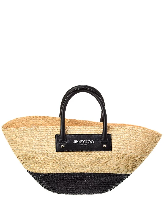 Ladies premium handbags-Jimmy Choo Beach Basket Small Raffia & Leather Tote