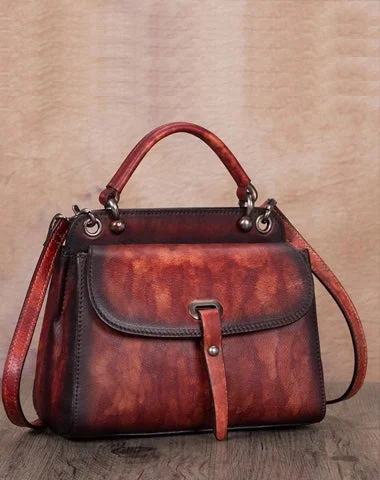 Ladies boho sling bags-Red Vintage Ladies Leather Square Satchel Handbag Purse Brown SHoulder Bag Side Bag for WOmen