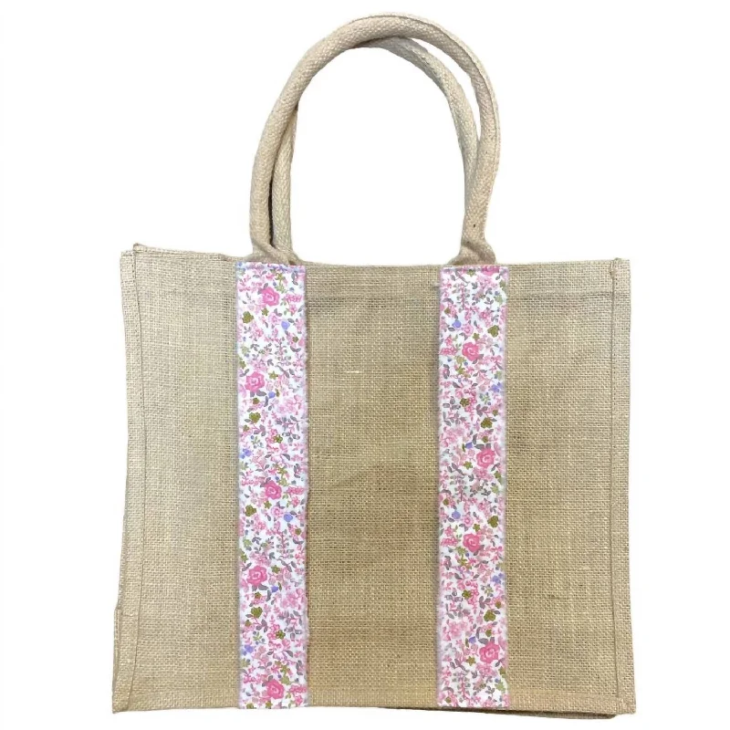 Women's vintage sling bags-Women's Hat Carrying Burlap Tote Bag In Pink & Green Floral