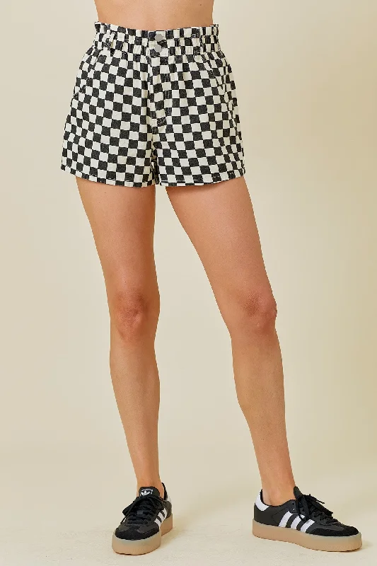 women’s aerobics tops-Black Checker Print Denim Shorts