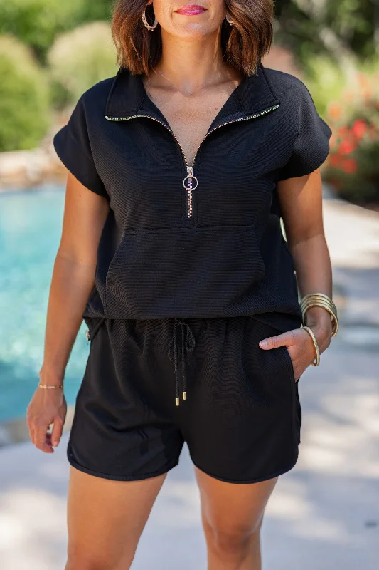 women’s tie-waist tops-Simple Perfection Black Textured Shorts