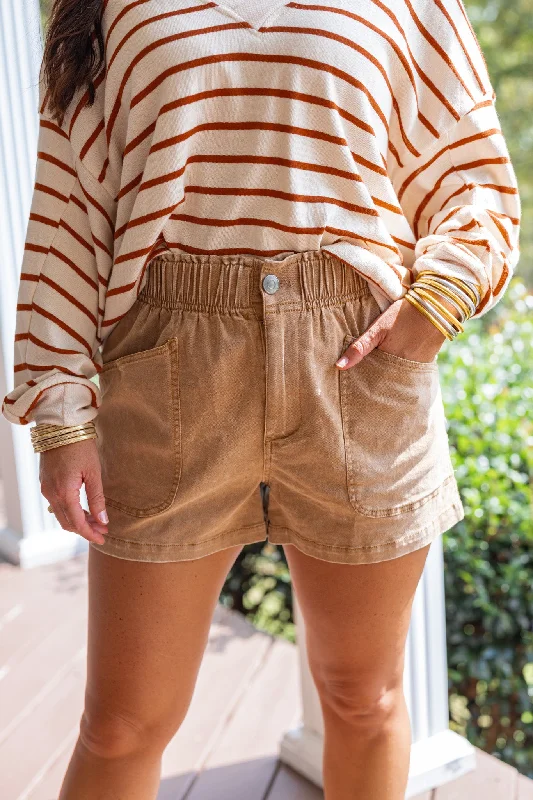 female gathered mini skirts-Comfy Times Caramel Twill Shorts