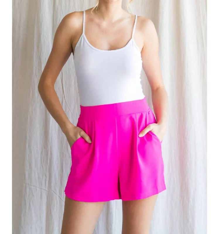 women’s damask skirts-Stylish Hot Pink Pleated Shorts