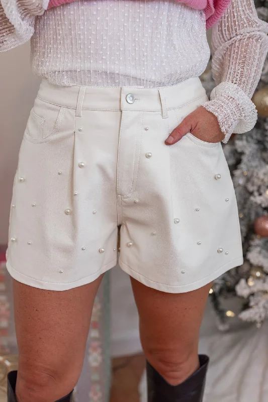 female cinched mini skirts-Leather And Pearls Cream Shorts