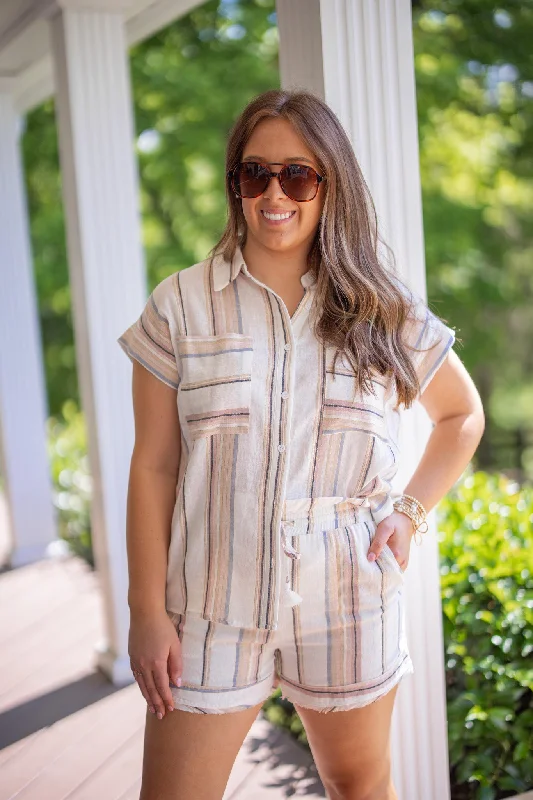 ladies dedication gowns-Pastel Sunsets Cream Striped Shorts