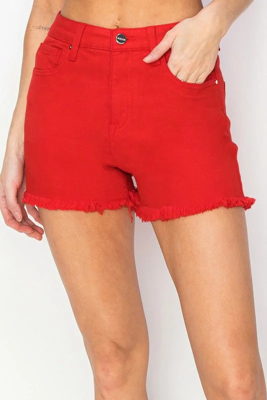 women’s tailored chinos-Fiesta Red Denim Frayed Shorts