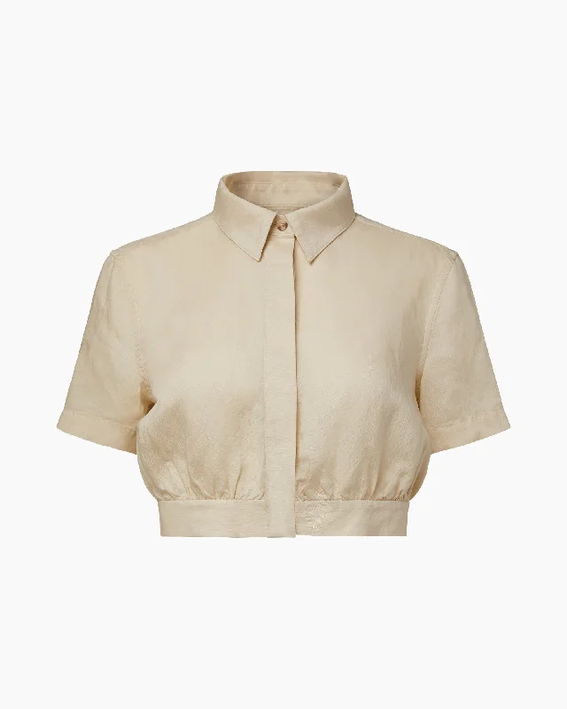 ladies tie-shoulder tops-Air Linen Cropped Button Down Shirt | Sandshell