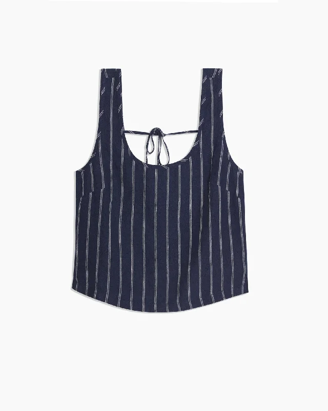 women’s enzyme-wash denim-Linen Open Back Tank | Deep Navy/White Double Pinstripe