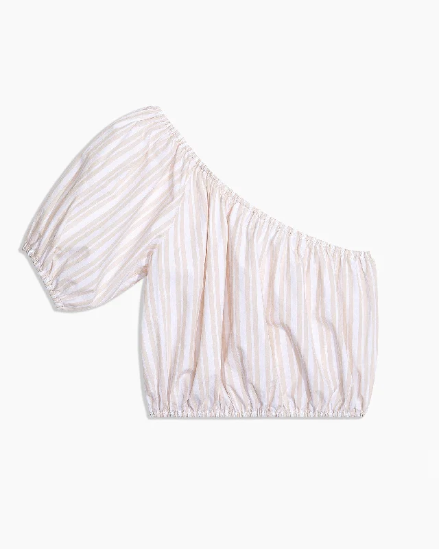 female denim tiered minis-Poplin One Shoulder Top | Sand/White Double Stripe