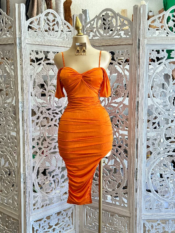 women’s cozy pullovers-Orange Ruched Slit Cutout Dress