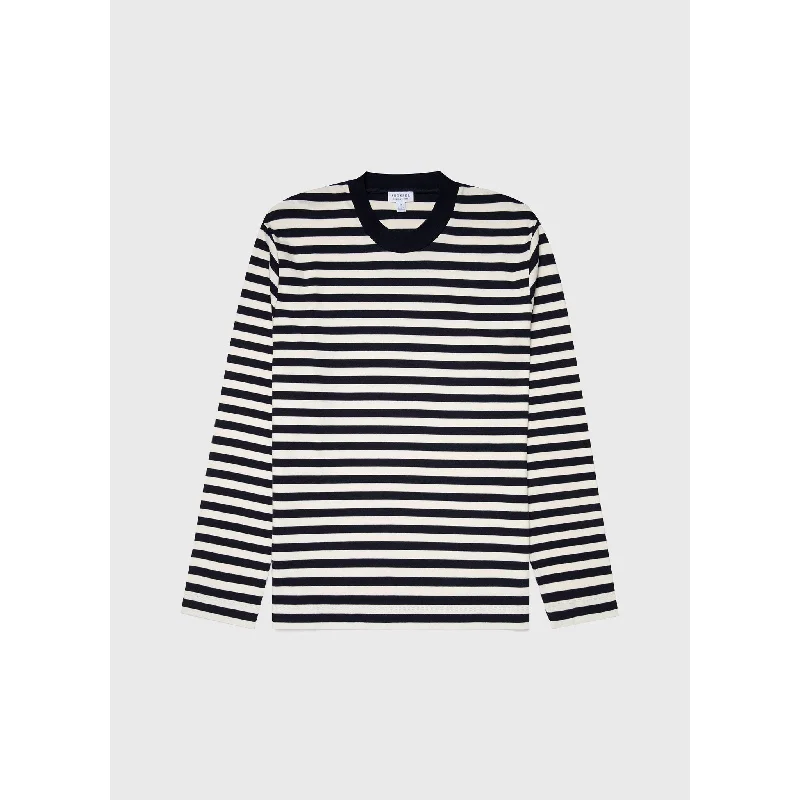 women’s ikat dresses-Brushed Cotton Long Sleeve T-shirt | Men | Navy x Ecru Block Stripe