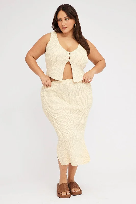 women’s madras tops-Beige Textured Knit Midi Skirt