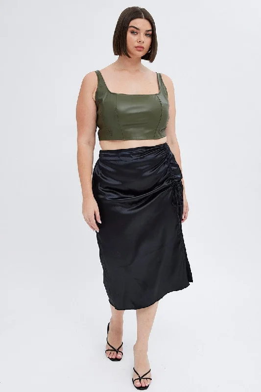 female tulle-trim blouses-Black Midi Skirt Drawstring Satin Split