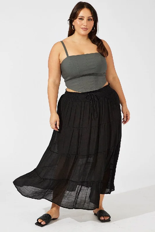 women’s skinny chinos-Black Shirred Waist Tie Maxi Skirt