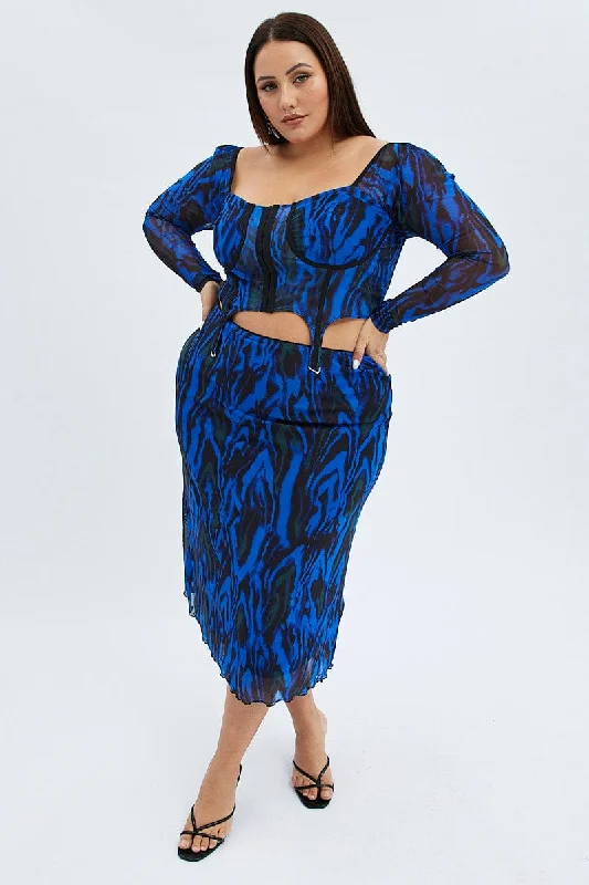 female denim flared minis-Blue Abstract Midi Skirt Mesh Print