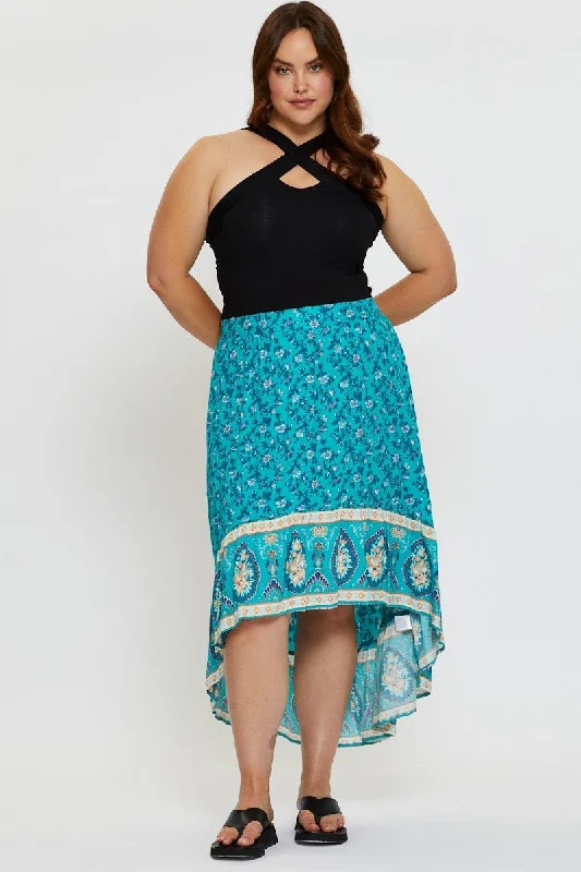 female cinched mini skirts-Boho Print Midi Skirt High-low