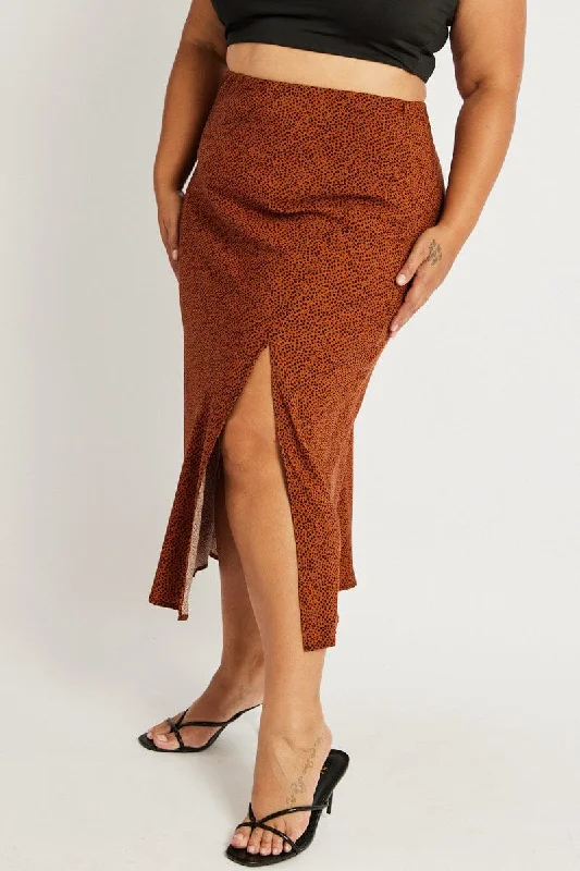 female flared mini tops-Brown Geo Spot Slip Skirt