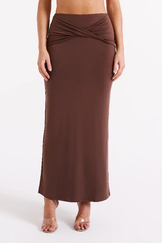 female ruffled sundresses-Ceri Maxi Twist Skirt - Mocha