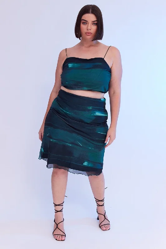 women’s flared chinos-Green Abstract Midi Skirt Bodycon Elastic Waist Mesh