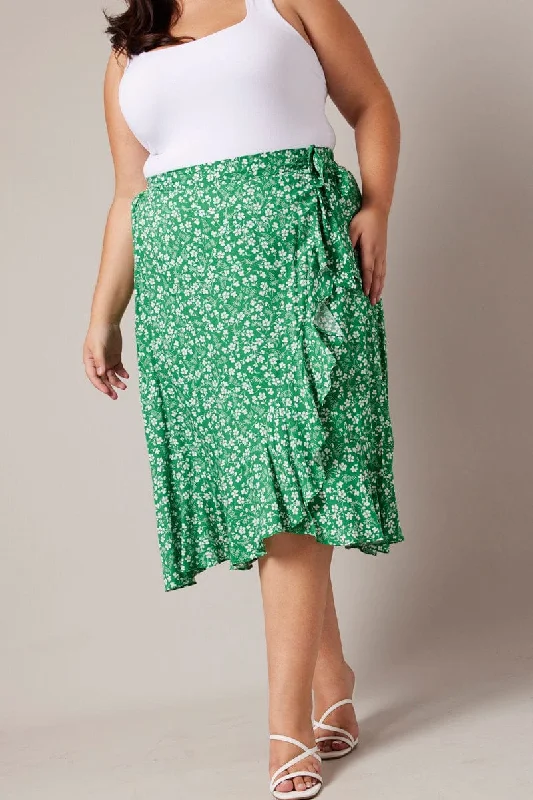 women’s boucle pullovers-Green Ditsy Wrapover Frill Rayon Midi Skirt