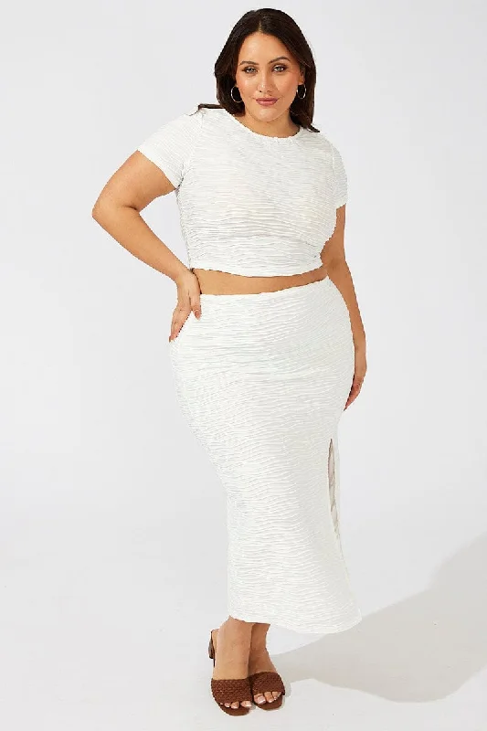 ladies polished attire-White Wavy Texture Bodycon Split Skirt