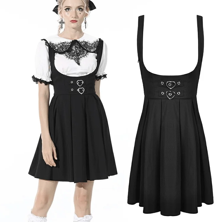 female jacquard-trim tops-Women's Gothic Pleated Black Suspender Skirts