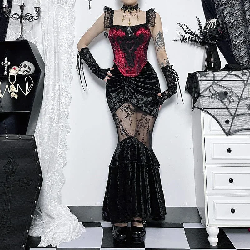 ladies theatrical dresses-Women's Gothic Sheer Velvet Wrap Maxi Skirt