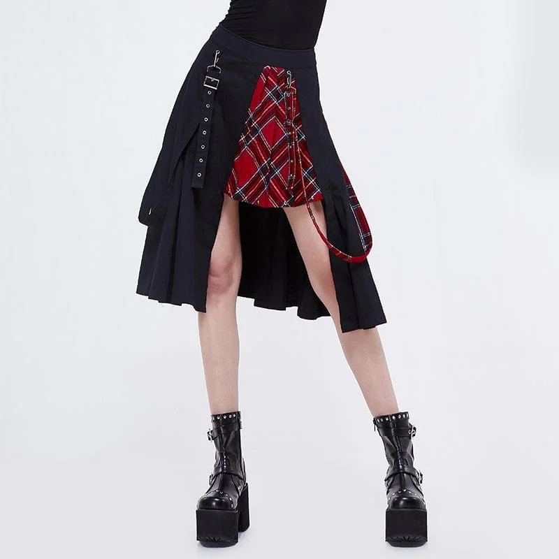 ladies graceful outfits-Women's Gothic Side Slit Red Plaid Skirt with Strap