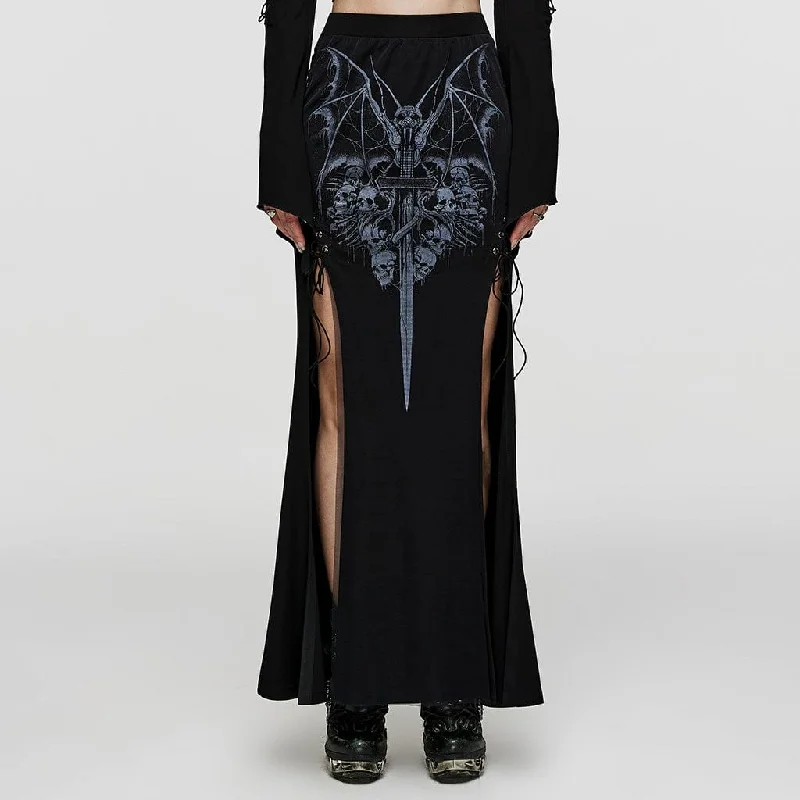 female brocade-overlay tops-Women's Gothic Skull Printed Side Slit Skirt