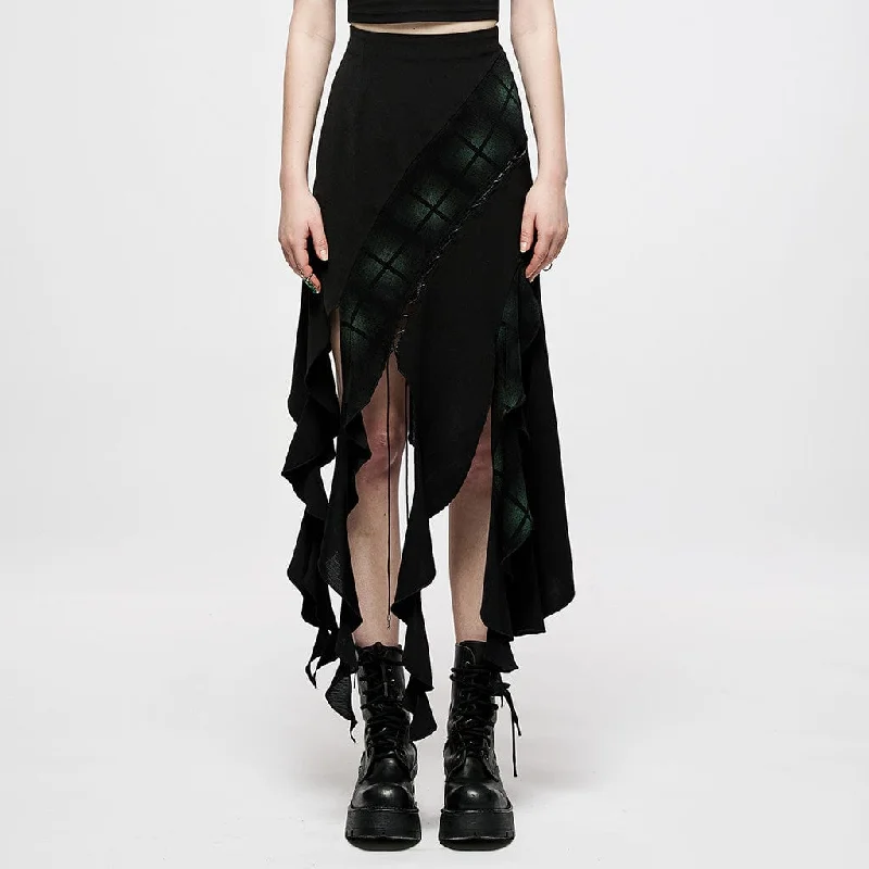 Women's Punk Ripped Green Plaid Irregular Hem Skirt