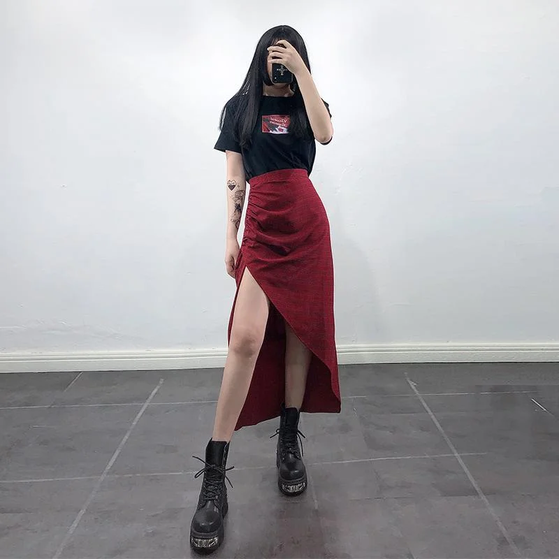 women’s hybrid vests-Women's Ruched Red Slit Wrap Skirts